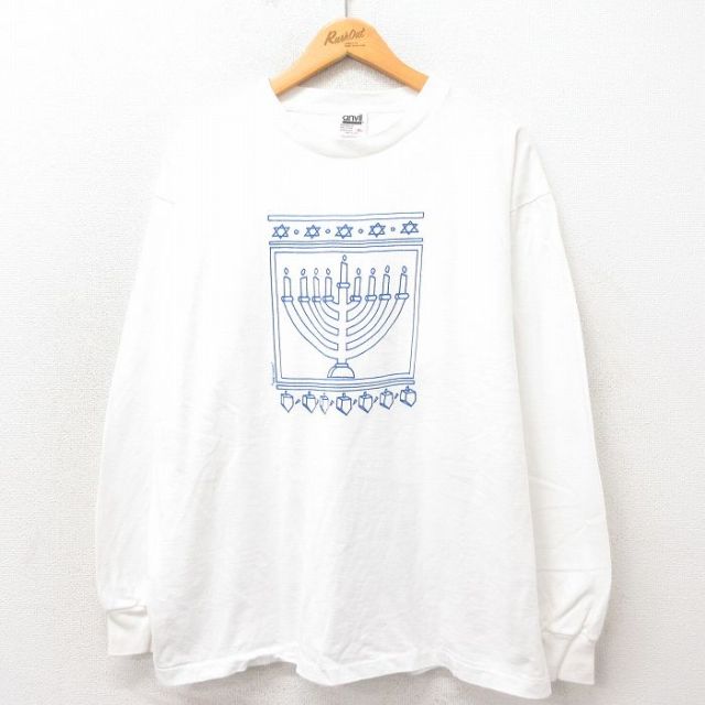 XL★古着 長袖 ビンテージ Tシャツ メンズ ローソク 大きいサイズ コットン クルーネック USA製 白 ホワイト 25may17 中古