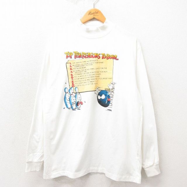 【50%OFF】XL★古着 ジャージーズ 長袖 ビンテージ Tシャツ メンズ 90年代 90s ボウリング コットン モックネック ハイネック USA製 白 ホワイト 25may17 中古