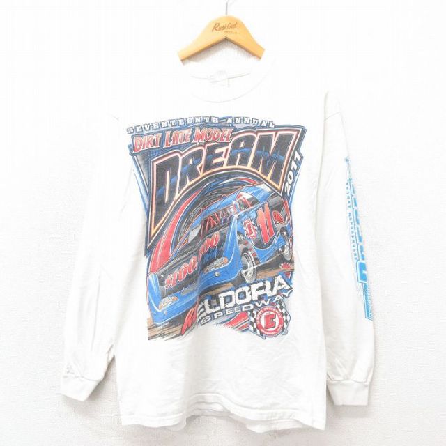 L★古着 長袖 Tシャツ メンズ レーシングカー コットン クルーネック 白 ホワイト 25may17 中古