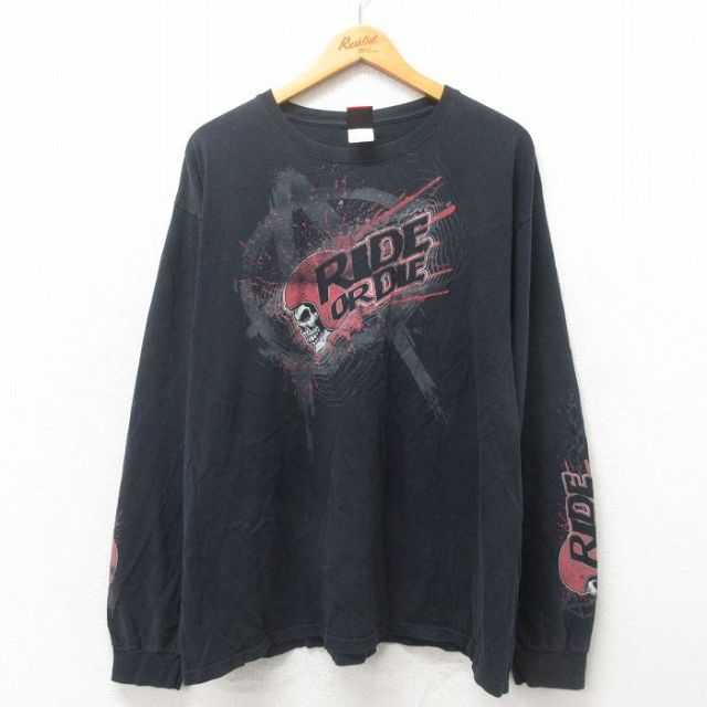 XL★古着 長袖 ビンテージ Tシャツ メンズ 00年代 00s スカル 大きいサイズ コットン クルーネック 黒 ブラック 25may17 中古