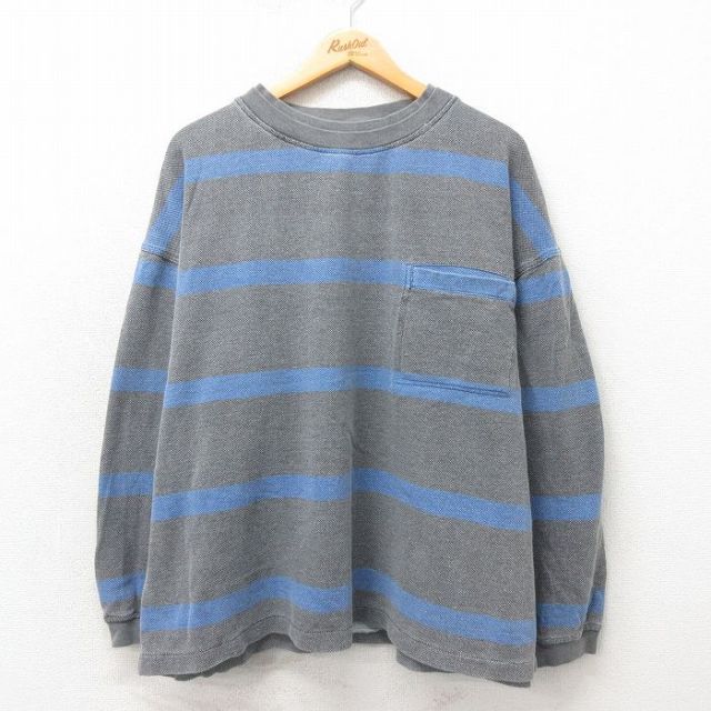 XL★古着 長袖 ビンテージ Tシャツ メンズ 00年代 00s 鹿の子 胸ポケット付き 大きいサイズ コットン クルーネック グレー ボーダー 25may17 中古