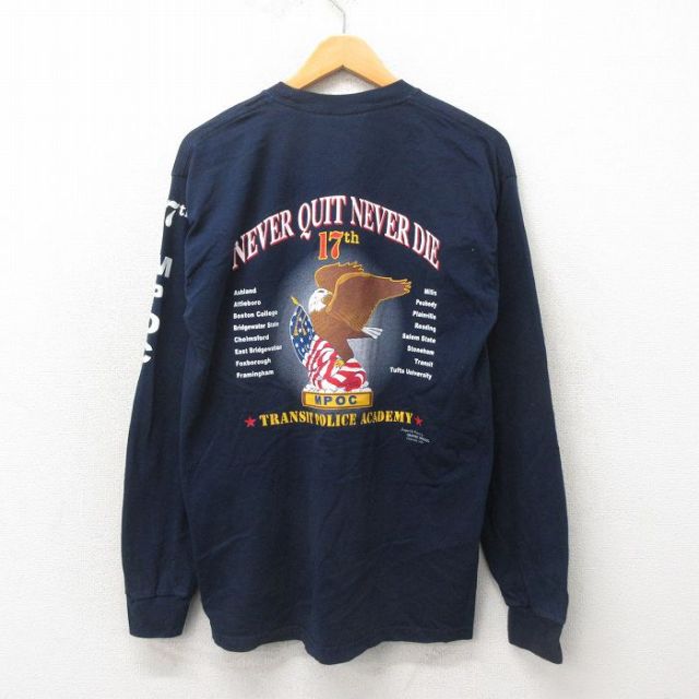L★古着 長袖 ビンテージ Tシャツ メンズ 00年代 00s 鳥 コットン クルーネック 紺 ネイビー 25may17 中古