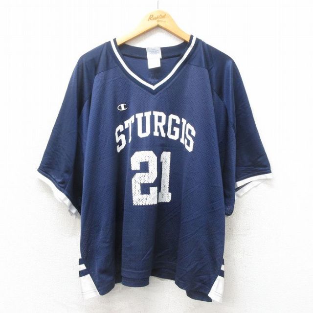 XL★古着 チャンピオン champion 半袖 ビンテージ フットボール Tシャツ メンズ 00年代 00s 21 大きいサイズ メッシュ地 Vネック 紺 ネイビー ユニフォーム ゲームシャツ 25may17 中古