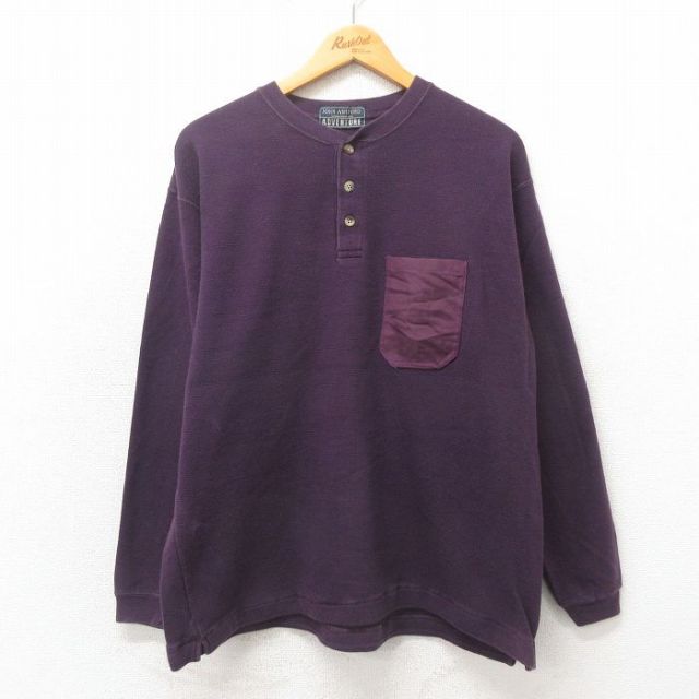 【50%OFF】L★古着 長袖 ビンテージ Tシャツ メンズ 00年代 00s 無地 胸ポケット付き コットン クルーネック 紫 パープル 25may20 中古