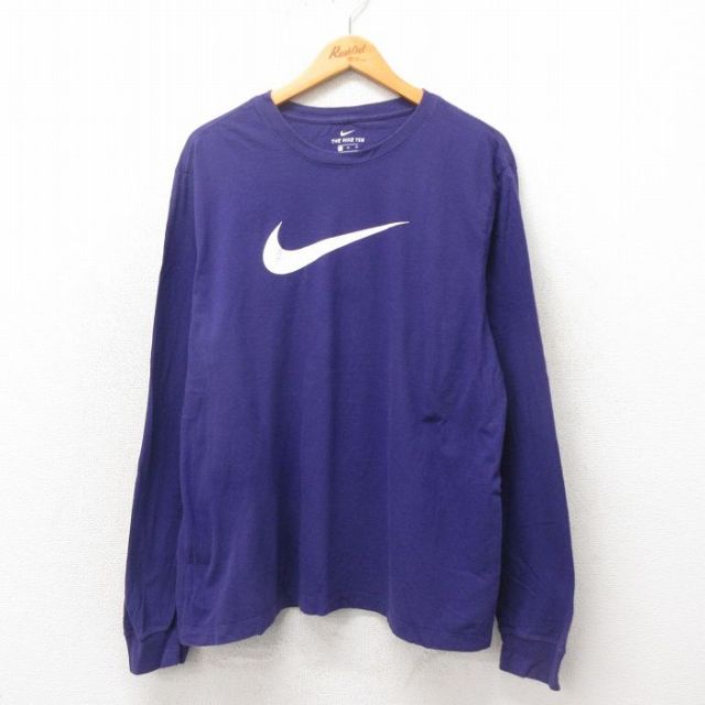 XL★古着 ナイキ NIKE 長袖 Tシャツ メンズ ビッグロゴ 大きいサイズ クルーネック 紫 パープル 25may20 中古