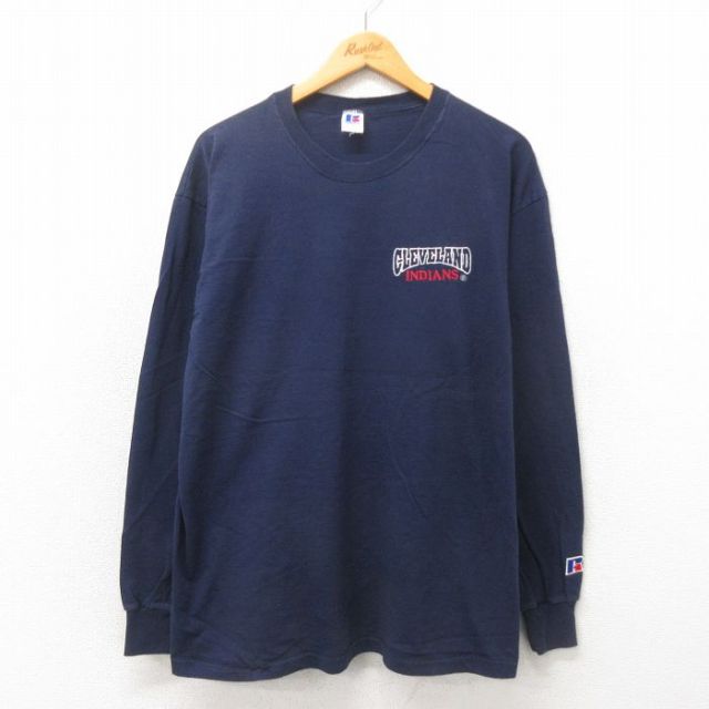 【50%OFF】L★古着 ラッセル 長袖 ビンテージ Tシャツ メンズ 80年代 80s MLB クリーブランドインディアンス クルーネック USA製 紺 ネイビー メジャーリーグ ベースボール 野球 【spe】 25may20 中古