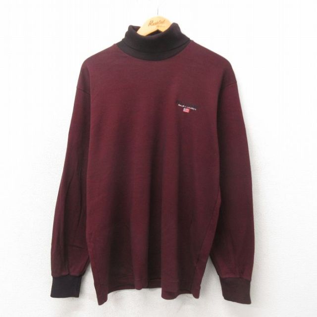【50%OFF】L★古着 ラルフローレン Ralph Lauren ポロスポーツ 長袖 ブランド ビンテージ Tシャツ メンズ 90年代 90s ワンポイントロゴ コットン タートルネック ハイネック USA製 えんじ 【spe】 25may20 中古