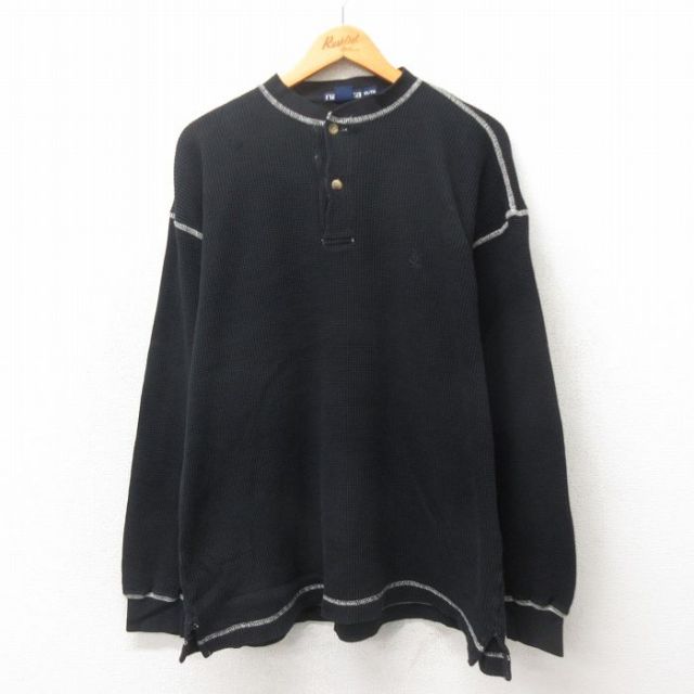 XL★古着 ノーティカ NAUTICA 長袖 ブランド Tシャツ メンズ 90年代 90s ワンポイントロゴ 大きいサイズ コットン ヘンリーネック 黒 ブラック 25may20 中古