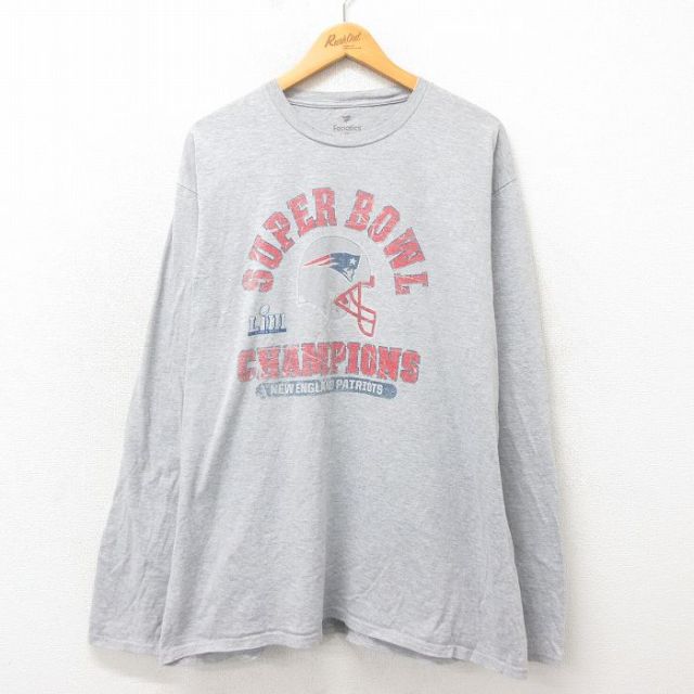 【50%OFF】XL★古着 長袖 Tシャツ メンズ NFL ニューイングランドペイトリオッツ 大きいサイズ クルーネック グレー 霜降り アメフト スーパーボウル 25may21 中古