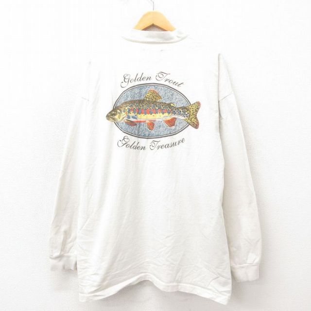 XL★古着 長袖 ビンテージ Tシャツ メンズ 90年代 90s 魚 大きいサイズ コットン ヘンリーネック USA製 生成り 【spe】 25may21 中古