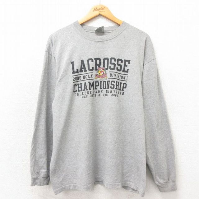【50%OFF】L★古着 長袖 ビンテージ Tシャツ メンズ 00年代 00s ラクロス クルーネック USA製 グレー 霜降り 25may21 中古