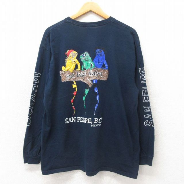 XL★古着 長袖 Tシャツ メンズ イグアナ コットン クルーネック 黒 ブラック 25may21 中古
