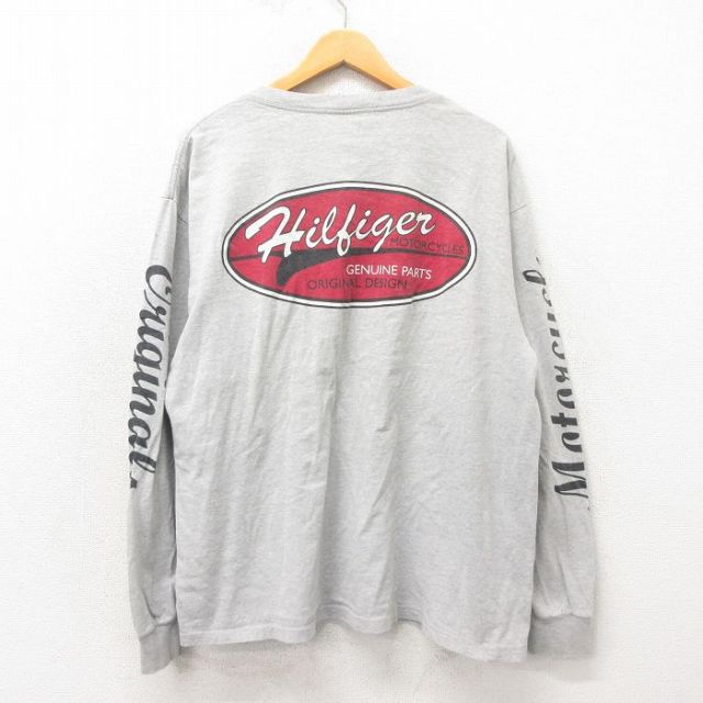 XL★古着 トミーヒルフィガー TOMMY HILFIGER 長袖 ビンテージ ブランド Tシャツ メンズ 90年代 90s モーターサイクル 大きいサイズ コットン クルーネック USA製 グレー 霜降り 【spe】 25may22 中古