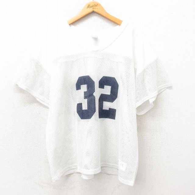 XL★古着 ラッセル 半袖 フットボール Tシャツ メンズ 00年代 00s 32 大きいサイズ メッシュ地 Vネック 白 ホワイト 25may22 中古