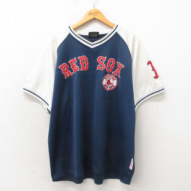 XL★古着 半袖 Tシャツ メンズ MLB ボストンレッドソックス 刺繍 大きいサイズ メッシュ地 ラグラン Vネック 紺 ネイビー メジャーリーグ ベースボール 野球 25may22 中古