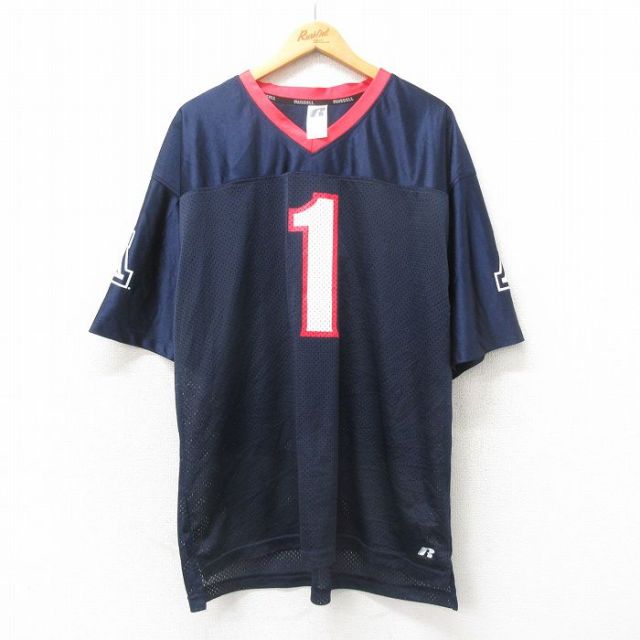 XL★古着 ラッセル 半袖 フットボール Tシャツ メンズ 1 大きいサイズ メッシュ地 Vネック 紺 ネイビー ユニフォーム ゲームシャツ 25may22 中古