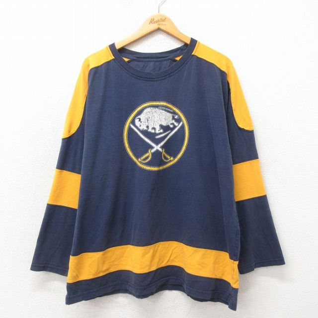 【50%OFF】XL★古着 長袖 Tシャツ メンズ NHL バッファローセイバーズ 大きいサイズ コットン クルーネック 紺 ネイビー アイスホッケー 25may23 中古