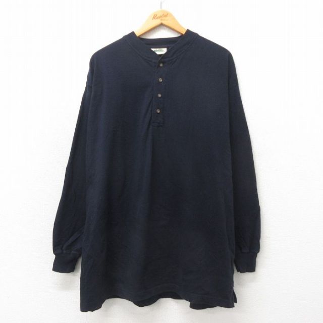 【50%OFF】XL★古着 長袖 ビンテージ Tシャツ メンズ 00年代 00s 無地 大きいサイズ ロング丈 コットン ヘンリーネック 黒 ブラック 25may23 中古