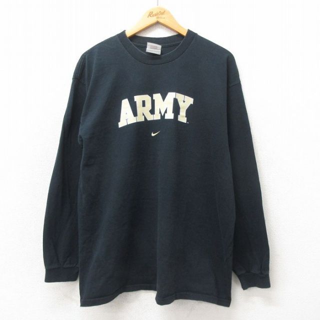 XL★古着 ナイキ NIKE 長袖 ビンテージ Tシャツ メンズ 00年代 00s アーミー ARMY コットン クルーネック 黒 ブラック 25may23 中古
