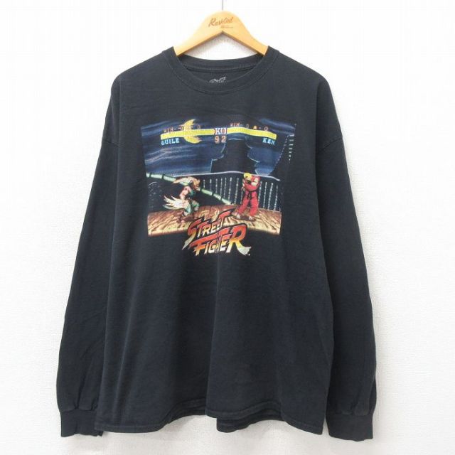 XL★古着 長袖 Tシャツ メンズ ゲーム ストリートファイター 大きいサイズ コットン クルーネック 黒 ブラック 【spe】 25may23 中古