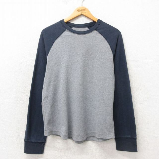 L★古着 長袖 Tシャツ メンズ 無地 コットン ラグラン クルーネック グレー 霜降り 25may23 中古