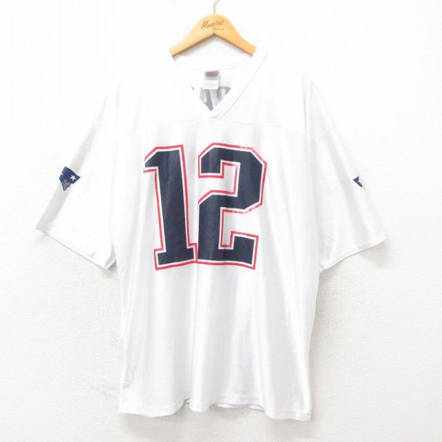 XL★古着 半袖 ビンテージ フットボール Tシャツ メンズ 00年代 00s NFL ニューイングランドペイトリオッツ トムブレイディ 12 大きいサイズ Vネック 白 ホワイト アメフト スーパーボウル ユニフォーム ゲームシャツ 25may24 中古