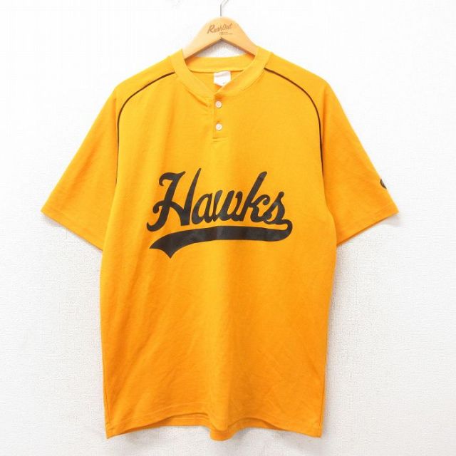 L★古着 半袖 ビンテージ Tシャツ メンズ 90年代 90s ホークス メッシュ地 ヘンリーネック カナダ製 黄 イエロー 25may24 中古