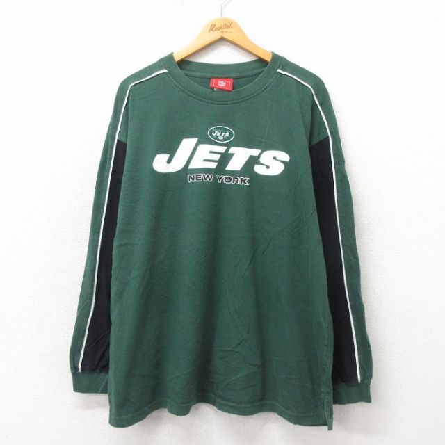 XL★古着 長袖 ビンテージ Tシャツ メンズ 00年代 00s ニューヨークジェッツ 大きいサイズ クルーネック 緑 グリーン 25may24 中古