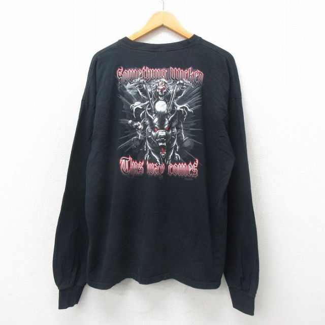 XL★古着 長袖 ビンテージ Tシャツ メンズ 00年代 00s スケルトン バイク 大きいサイズ コットン クルーネック 黒 ブラック 25may24 中古