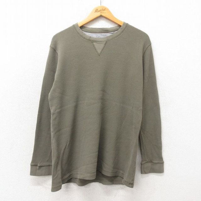 XL★古着 長袖 サーマル Tシャツ メンズ 無地 コットン クルーネック 緑 グリーン 25may24 中古