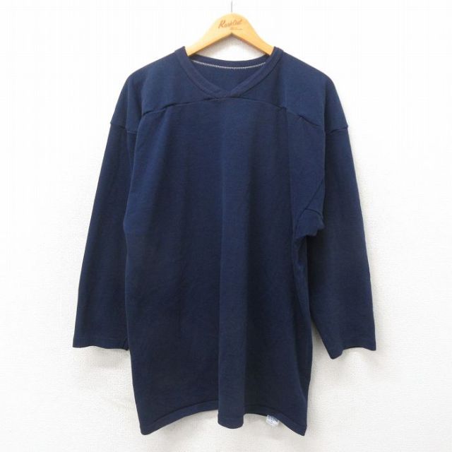 XL★古着 ラッセル 長袖 ビンテージ フットボール Tシャツ メンズ 80年代 80s 無地 Vネック USA製 紺 ネイビー 【spe】 25may24 中古