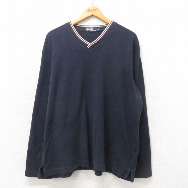 XL★古着 ラルフローレン Ralph Lauren 長袖 ブランド Tシャツ メンズ 90年代 90s ワンポイントロゴ 大きいサイズ コットン クルーネック 紺 ネイビー 25may24 中古