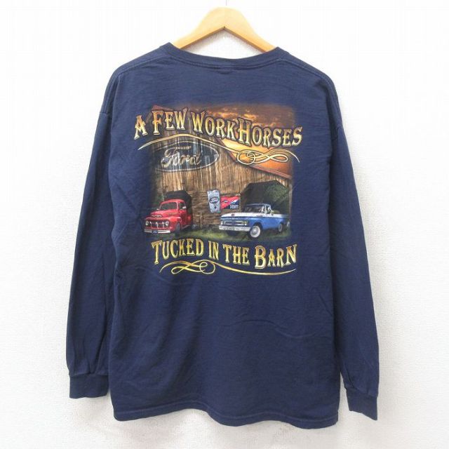 XL★古着 長袖 Tシャツ メンズ フォード コットン クルーネック 紺 ネイビー 25may24 中古