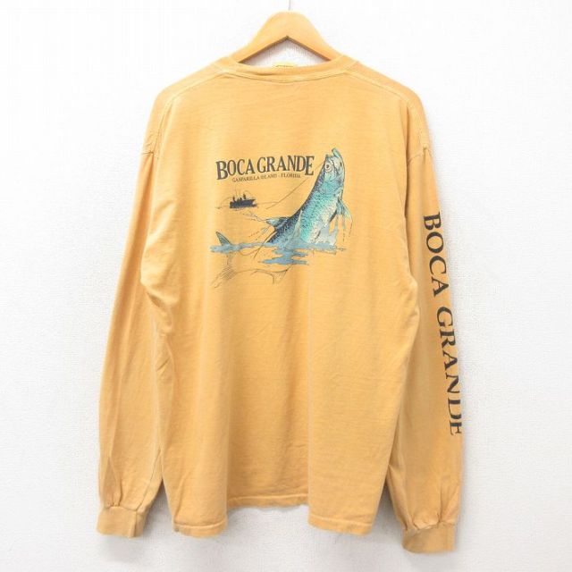 XL★古着 長袖 ビンテージ Tシャツ メンズ 00年代 00s 魚 大きいサイズ コットン クルーネック 黄 イエロー 25may24 中古