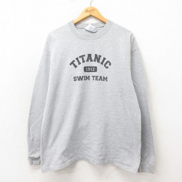 XL★古着 長袖 ビンテージ Tシャツ メンズ 90年代 90s タイタニック コットン クルーネック USA製 グレー 霜降り 25may24 中古