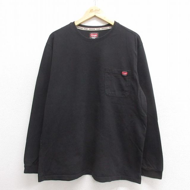 XL★古着 ラングラー Wrangler 長袖 Tシャツ メンズ 胸ポケット付き コットン クルーネック 黒 ブラック 25may27 中古