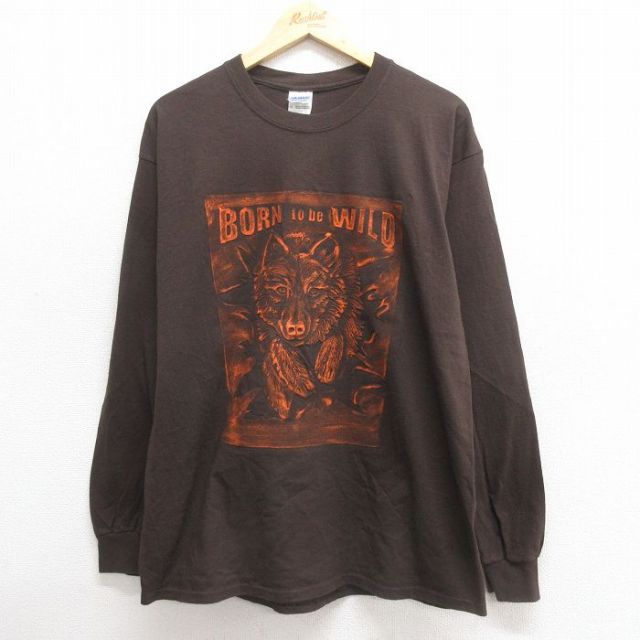 L★古着 長袖 ビンテージ Tシャツ メンズ 00年代 00s オオカミ コットン クルーネック こげ茶 ブラウン 25may27 中古
