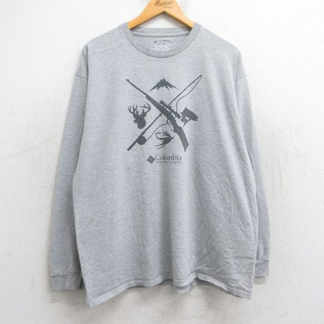 【50%OFF】XL★古着 コロンビア COLUMBIA 長袖 Tシャツ メンズ 釣り 銃 クルーネック グレー 霜降り 25may28 中古