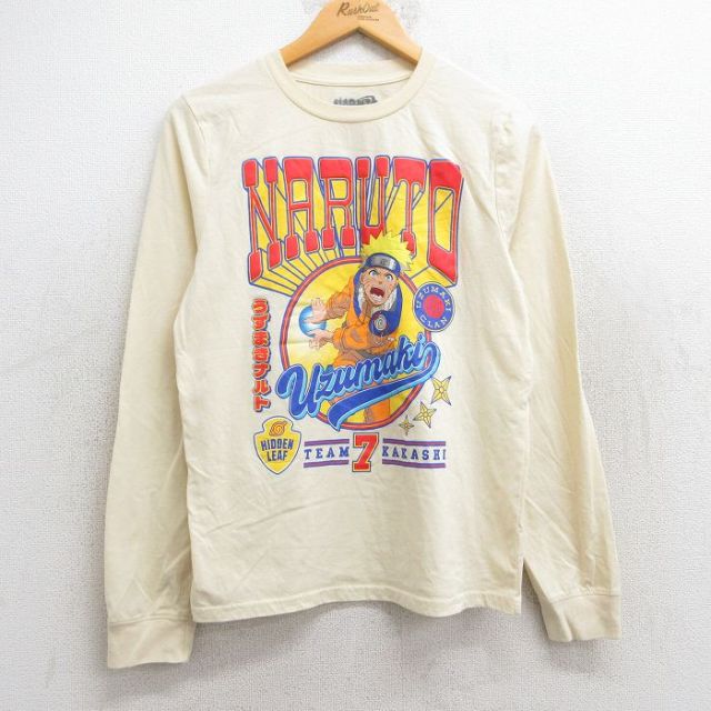 S★古着 長袖 ビンテージ Tシャツ メンズ アニメ ナルト疾風伝 クルーネック 薄黄 イエロー 25may28 中古