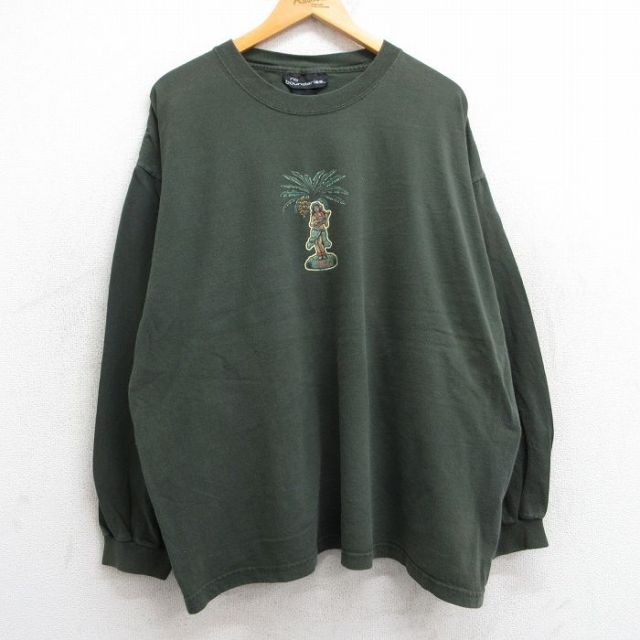 XL★古着 no boundaries 長袖 ビンテージ Tシャツ メンズ 90年代 90s ヤシの木 フラダンス 大きいサイズ コットン クルーネック USA製 濃緑 グリーン 25jun02 中古