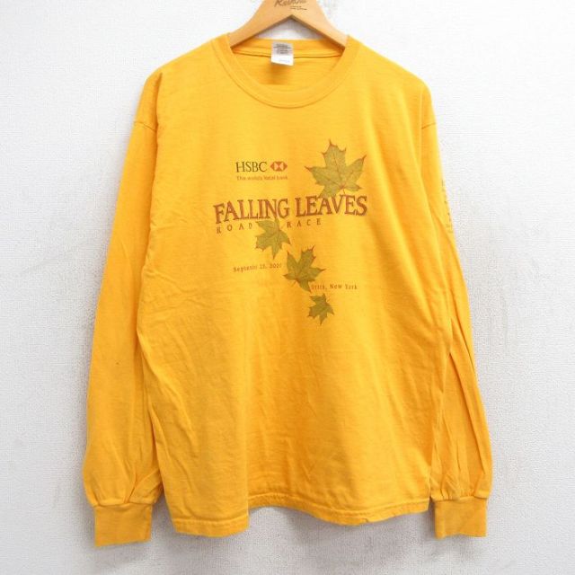 M★古着 長袖 ビンテージ Tシャツ メンズ 00年代 00s 葉 FALLING LEAVES コットン クルーネック 黄 イエロー 25jun02 中古