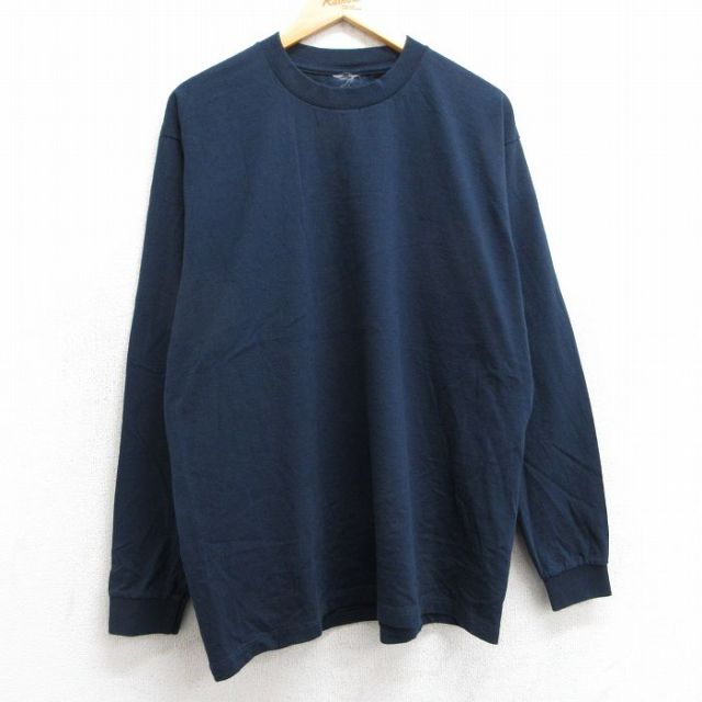 古着通販 L☆古着 長袖 Tシャツ メンズ 無地 クルーネック 紺