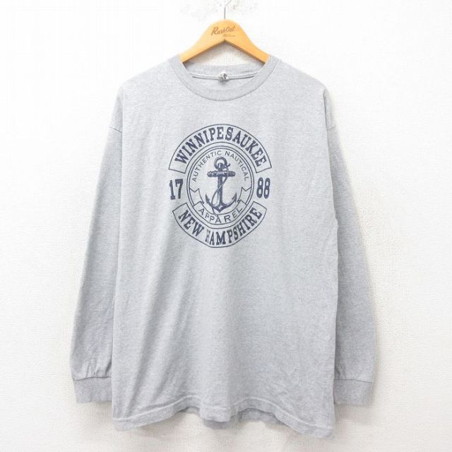 【50%OFF】XL★古着 長袖 Tシャツ メンズ イカリ クルーネック グレー 霜降り 25jun06 中古