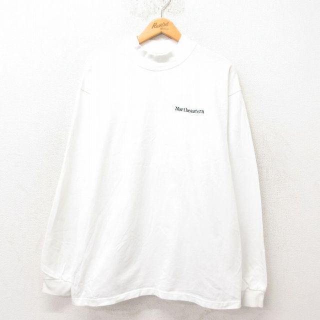 【50%OFF】XL★古着 長袖 Tシャツ メンズ Northeastern コットン モックネック ハイネック 白 ホワイト 25jun06 中古