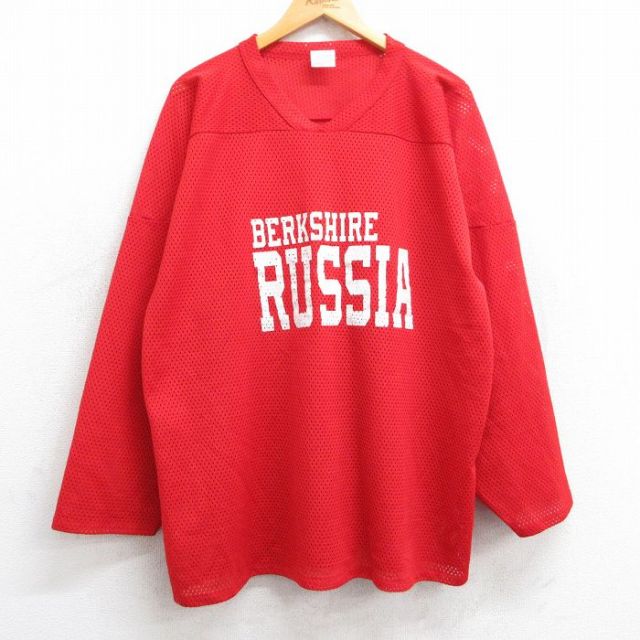 XL★古着 長袖 ビンテージ フットボール Tシャツ メンズ 90年代 90s BERKSHIRE RUSSIA 6 メッシュ地 大きいサイズ Vネック カナダ製 赤 レッド ゲームシャツ ユニフォーム 25jun09 中古