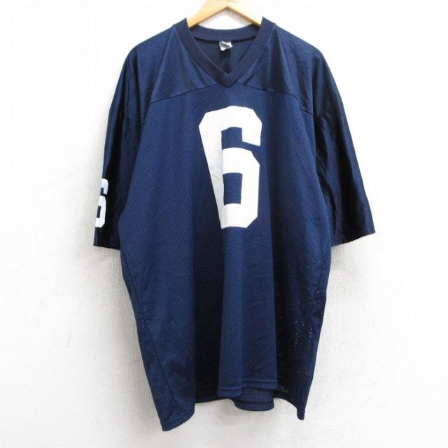 XL★古着 半袖 ビンテージ フットボール Tシャツ メンズ 90年代 90s 6 メッシュ地 大きいサイズ ロング丈 Vネック USA製 紺 ネイビー ゲームシャツ ユニフォーム 25jun09 中古