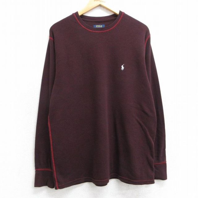 XL★古着 ラルフローレン Ralph Lauren 長袖 ブランド サーマル Tシャツ メンズ ワンポイントロゴ 大きいサイズ クルーネック エンジ 25jun11 中古