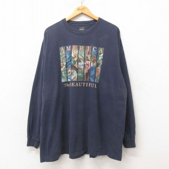 【20%OFF】XL★古着 カベラス 長袖 Tシャツ メンズ 無地 大きいサイズ クルーネック 紺 ネイビー 25jun12 中古