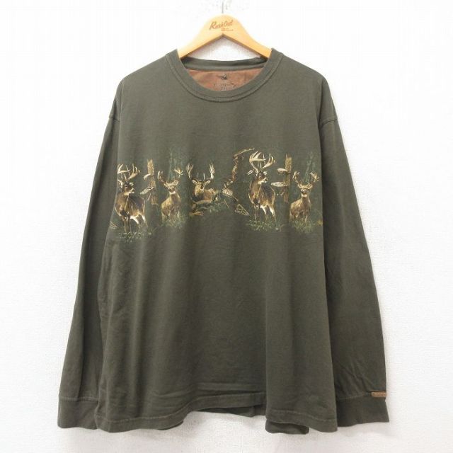 【50%OFF】XL★古着 長袖 Tシャツ メンズ シカ 大きいサイズ コットン クルーネック 緑 グリーン 25jun12 中古