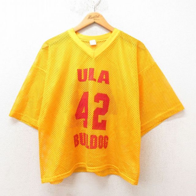 XL★古着 半袖 ビンテージ Tシャツ メンズ 80年代 80s 42 メッシュ地 Vネック USA製 黄 イエロー 25jun12 中古